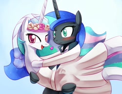 Size: 1100x850 | Tagged: safe, artist:negativefox, character:nightmare moon, character:princess celestia, character:princess luna, species:alicorn, species:pony, ship:celestimoon, ship:princest, blushing, bridal carry, clothing, dress, female, heart, incest, lesbian, mare, married, semi-anthro, shipping, simple background, tsundere moon, tuxedo, wedding dress, white background