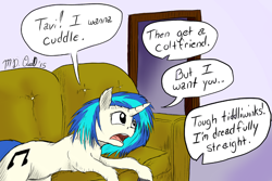 Size: 1024x683 | Tagged: safe, artist:m_d_quill, character:dj pon-3, character:vinyl scratch, species:pony, species:unicorn, colored hooves, denied, dialogue, female, fluffy, friendzone, implied octavia, mare, offscreen character, one-sided, one-sided love, open mouth, shipping denied, solo, speech bubble, unrequited