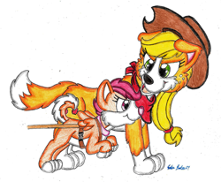Size: 1465x1205 | Tagged: safe, artist:silversimba01, character:applejack, character:scootaloo, species:dog, species:pegasus, species:pony, appledog, border collie, dogified, fanart, female, husky, puppy, species swap
