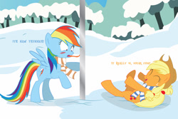 Size: 1024x683 | Tagged: safe, artist:dr-whiskey, character:applejack, character:rainbow dash, a christmas story, applejerk, clothing, laughing, lisp, scarf, snow, tongue stuck to pole