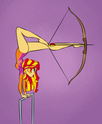 Size: 900x1100 | Tagged: safe, artist:sketchyjackie, character:sunset shimmer, my little pony:equestria girls, archery, arrow, backbend, balancing, barefoot, between toes, bow (weapon), bow and arrow, clothing, contortionist, feet, female, flexible, gymnast, gymnastics, handstand, holding, legs, leotard, olympics, purple background, simple background, smiling, solo, sports, uneven bars, upside down