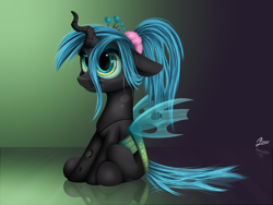 Size: 1600x1200 | Tagged: safe, artist:luminousdazzle, character:queen chrysalis, species:changeling, alternate hairstyle, cute, cutealis, female, floppy ears, nymph, ponytail, scrunchie, sitting, smiling, solo, young, younger