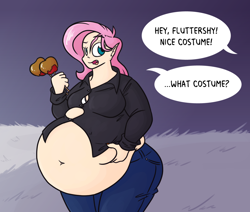 Size: 1280x1083 | Tagged: dead source, safe, artist:bigponiesinc, character:flutterbat, character:fluttershy, species:bat pony, species:human, ask feedee twilight, bbw, belly, belly button, belly grab, big belly, candy apple (food), caramel apple (food), chubby, clothing, elf ears, fangs, fat, fattershy, female, flubberbat, food, halloween, humanized, jeans, nightmare night, obese, pants, solo, vampire