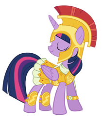 Size: 6039x7200 | Tagged: safe, artist:greenmachine987, character:twilight sparkle, character:twilight sparkle (alicorn), species:alicorn, species:pony, episode:scare master, g4, my little pony: friendship is magic, absurd resolution, armor, armor skirt, athena, athena sparkle, clothing, costume, eyes closed, female, mare, nightmare night, nightmare night costume, nose wrinkle, simple background, skirt, smiling, solo, transparent background, vector