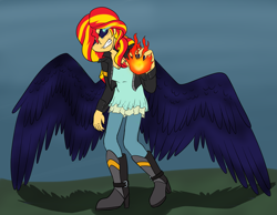 Size: 4063x3155 | Tagged: safe, artist:catlover1672, character:sunset shimmer, species:human, species:raven, my little pony:equestria girls, angry, black sclera, fiery shimmer, fire, humanized, magic, solo, transformation, winged humanization, wings