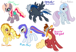 Size: 1024x692 | Tagged: safe, artist:sakuyamon, character:clover the clever, species:earth pony, species:pegasus, species:pony, species:unicorn, chancellor puddinghead, clothing, commander hurricane, female, founders of equestria, hat, male, mare, princess platinum, private pansy, simple background, smart cookie, stallion, transparent background