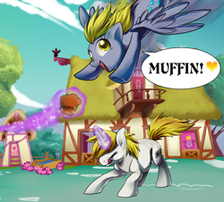 Size: 2537x2291 | Tagged: safe, artist:sakuyamon, character:derpy hooves, oc, species:pegasus, species:pony, female, heart, high res, mare, muffin, that pony sure does love muffins