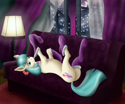 Size: 1500x1250 | Tagged: safe, artist:szafir87, derpibooru original, character:coco pommel, species:earth pony, species:pony, g4, city, clothing, cocobetes, couch, curtains, cute, cutie mark, female, flower, flower in hair, lamp, mare, mouth hold, night, on back, sky, skyscraper, socks, solo, tail