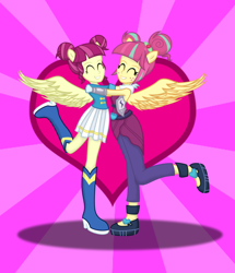 Size: 1024x1193 | Tagged: safe, artist:dennaphantom13, artist:shafty817, edit, character:majorette, character:sour sweet, character:sweeten sour, equestria girls:friendship games, g4, my little pony: equestria girls, my little pony:equestria girls, background human, boots, flipped, love, majorette, ponied up, pony ears, reunited, shoes, similarities, sisters, sunburst background, sweeten sour, sweetly and sourly, wings