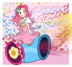 Size: 652x608 | Tagged: safe, artist:zoe-productions, character:pinkie pie, female, grin, humanized, party cannon, solo