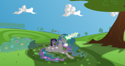 Size: 11520x6120 | Tagged: safe, artist:bri-sta, artist:mamandil, character:princess celestia, character:twilight sparkle, ^^, absurd resolution, cup, cute, cutelestia, eyes closed, flower, flower in hair, flower in mouth, flower in tail, magic, meadow, missing accessory, momlestia, mouth hold, sweet dreams fuel, teacher and student, teacup, telekinesis, twiabetes, vector, weapons-grade cute