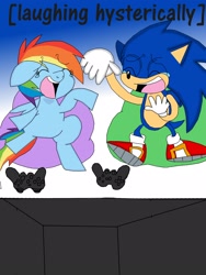 Size: 1944x2592 | Tagged: safe, artist:rainbowyoshi305, character:rainbow dash, character:sonic the hedgehog, anti-shipping, controller, crossover, sonic the hedgehog (series), television