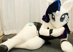Size: 1024x723 | Tagged: dead source, safe, artist:girlieginger, character:rarity, species:human, bracelet, clothing, cosplay, costume, dem thighs, fursuit, irl, irl human, jacket, on side, photo, solo, wide hips