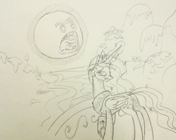 Size: 599x478 | Tagged: safe, artist:sketchyjackie, character:princess celestia, crossover, monochrome, parody, pencil drawing, raising the sun, rick and morty, screaming sun, sketch, sun, the wedding squanchers, traditional art, wince
