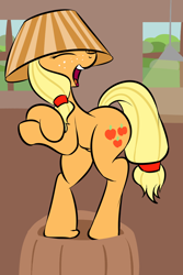 Size: 1000x1500 | Tagged: safe, artist:koportable, character:applejack, species:earth pony, species:pony, applejackasks, ask applejack, bipedal, clothing, dancing, female, hat, lampshade, lampshade hat, silly, silly pony, solo, who's a silly pony