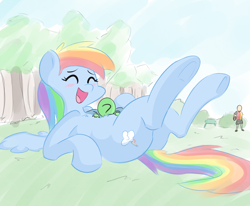 Size: 1360x1120 | Tagged: safe, artist:askcanadash, character:rainbow dash, oc, oc:anon, belly buzz, cute, dashabetes, laughing, macro, raspberry, size difference, tickling, tummy buzz