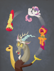 Size: 900x1200 | Tagged: safe, artist:sketchyjackie, character:apple bloom, character:discord, character:scootaloo, character:sweetie belle, species:pegasus, species:pony, bondage, cutie mark crusaders, floppy ears, juggling, nose in the air, pony juggle, screaming, string