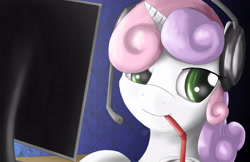 Size: 5100x3300 | Tagged: safe, artist:spiritofthwwolf, character:sweetie belle, drink, female, gamer, headset, monitor, solo