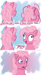 Size: 1080x1920 | Tagged: safe, artist:anscathmarcach, character:pinkie pie (g3), episode:too many pinkie pies, g3, g4, my little pony: friendship is magic, betcha can't make a face crazier than this, derp, g3 to g4, generation leap, generational ponidox, horrified, open mouth, pinkie blind, ponidox, reversed, role reversal, shocked