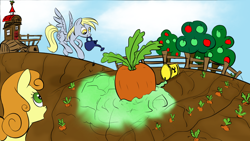 Size: 1248x702 | Tagged: safe, artist:rubrony, character:carrot top, character:derpy hooves, character:golden harvest, species:pegasus, species:pony, carrot, carrot house, female, mare, mouth hold, radioactive, radioactive waste, watering can