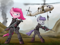 Size: 4000x3000 | Tagged: safe, artist:pandramodo, character:maud pie, character:pinkamena diane pie, character:pinkie pie, species:pony, episode:the cutie re-mark, alternate timeline, apinkalypse pie, apocalypse maud, ar15, assault rifle, badass, bipedal, bushmaster acr, crystal war timeline, gun, helicopter, magpul, rappelling, rifle, uh-60 blackhawk, weapon