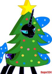 Size: 1191x1689 | Tagged: safe, artist:roger334, character:nightmare moon, character:princess luna, species:pony, ponyscape, episode:hearth's warming eve, g4, my little pony: friendship is magic, antagonist in humorous situation, christmas lights, christmas tree, ethereal mane, female, galaxy mane, inkscape, mare, parody, simple background, solo, transparent background, tree, unamused, vector