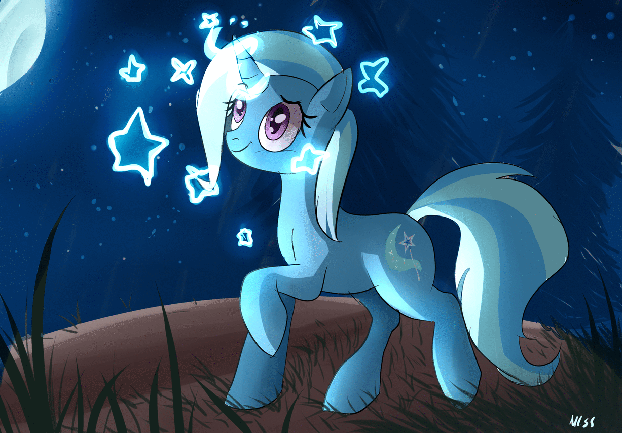 Size: 1227x854 | Tagged: safe, artist:misspolycysticovary, character:trixie, species:pony, species:unicorn, animated, female, grass, mare, moon, raised hoof, smiling, solo, stars, tree