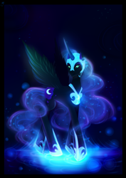 Size: 2480x3507 | Tagged: safe, artist:minamikoboyasy, character:nightmare moon, character:princess luna, black background, female, glow, glowing mane, simple background, solo, spread wings, wings
