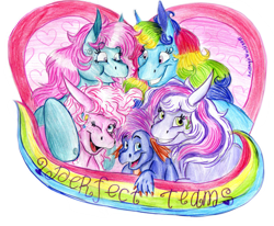 Size: 1931x1594 | Tagged: safe, artist:animagicworld, character:minty, character:pinkie pie, character:rainbow dash, character:rainbow dash (g3), character:spike, character:spike (g3), character:wysteria, g3, tongue out, traditional art