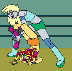 Size: 806x792 | Tagged: safe, artist:avispaneitor, character:derpy hooves, character:sunset shimmer, my little pony:equestria girls, backbend, belly button, chest stand, clothing, cloverleaf (wrestling hold), flexible, midriff, pain, sports bra, submission, submission hold, sunset screamer, wrestling, wrestling ring