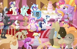 Size: 1600x1018 | Tagged: safe, artist:hungrysohma, character:apple bloom, character:berry punch, character:berryshine, character:bon bon, character:button mash, character:cranky doodle donkey, character:derpy hooves, character:dj pon-3, character:doctor whooves, character:liquid button, character:lyra heartstrings, character:matilda, character:octavia melody, character:pipsqueak, character:princess cadance, character:scootaloo, character:shining armor, character:steven magnet, character:sweetie belle, character:sweetie drops, character:time turner, character:vinyl scratch, species:alicorn, species:changeling, species:donkey, species:earth pony, species:pegasus, species:pony, species:unicorn, ship:crankilda, ship:shiningcadance, episode:slice of life, g4, my little pony: friendship is magic, adorabon, berrybetes, blushing, buttonbetes, cake, crankybetes, cute, cutedance, cuteling, cutie mark crusaders, doctorbetes, female, floating heart, food, heart, kevin (changeling), lyrabetes, magnetbetes, male, matildadorable, shining adorable, shipping, shrunken pupils, squeakabetes, starry eyes, straight, vinylbetes, wall of tags, wingding eyes