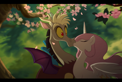 Size: 1418x950 | Tagged: safe, artist:anima-dos, character:discord, character:princess celestia, ship:dislestia, cherry blossoms, eyes closed, female, flower, flower blossom, interspecies, kissing, male, no more ponies at source, pink-mane celestia, shipping, shocked, straight, surprise kiss, surprised, wide eyes, young, younger