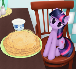 Size: 2777x2520 | Tagged: safe, artist:galekz, character:twilight sparkle, behaving like a cat, chair, crepe, cute, female, food, head tilt, i'm pancake, kitchen, kot blini, lidded eyes, looking at you, pancakes, parody, ponified animal photo, russian, sitting, smiling, solo, sour cream