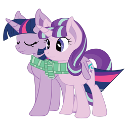 Size: 1600x1605 | Tagged: safe, artist:dr-whiskey, character:starlight glimmer, character:twilight sparkle, character:twilight sparkle (alicorn), species:alicorn, species:pony, ship:twistarlight, clothing, eyes closed, female, hug, lesbian, mare, scarf, shared clothing, shared scarf, shipping, simple background, transparent background, winghug