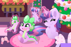 Size: 1600x1067 | Tagged: safe, artist:hungrysohma, character:spike, character:twilight sparkle, character:twilight sparkle (unicorn), species:dragon, species:pony, species:unicorn, episode:hearth's warming eve, episode:hearthbreakers, g4, my little pony: friendship is magic, baby, baby dragon, bell, bells, blushing, christmas, christmas tree, cute, doll, duo, female, fireplace, glowing horn, hearth's warming doll, horn, levitation, magic, male, mama twilight, mare, ribbon, spikabetes, telekinesis, toy, tree, twiabetes