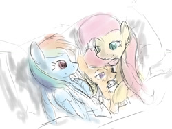 Size: 1024x768 | Tagged: source needed, safe, artist:edrian, character:fluttershy, character:rainbow dash, character:scootaloo, species:pegasus, species:pony, ship:flutterdash, bed, bottle, female, lesbian, shipping, sketch
