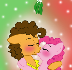 Size: 800x775 | Tagged: safe, artist:crazynutbob, character:cheese sandwich, character:pinkie pie, ship:cheesepie, blushing, female, hearth's warming, kissing, male, mistletoe, shipping, straight