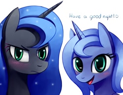 Size: 1000x772 | Tagged: safe, artist:negativefox, character:nightmare moon, character:princess luna, species:alicorn, species:pony, blushing, bust, female, horn, mare, open mouth, portrait, s1 luna, simple background, tsundere moon, white background