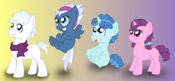 Size: 1024x476 | Tagged: safe, artist:crazynutbob, character:double diamond, character:night glider, character:party favor, character:sugar belle, species:pony, colt, cute, double dawwmond, equal four, favorbetes, filly, foal, glideabetes, headband, male, sitting, sugarbetes, underhoof, younger