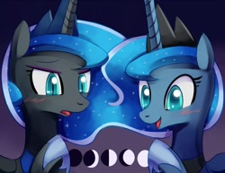Size: 1000x772 | Tagged: safe, artist:negativefox, character:nightmare moon, character:princess luna, species:alicorn, species:pony, blushing, bust, female, horn, lunar phases, mare, open mouth, portrait, smiling, tsundere moon