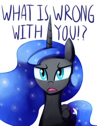 Size: 618x800 | Tagged: safe, artist:negativefox, character:nightmare moon, character:princess luna, species:alicorn, species:pony, bronybait, disgusted, female, looking at you, mare, question, simple background, solo, talking, talking to viewer, tsundere, tsundere moon, white background