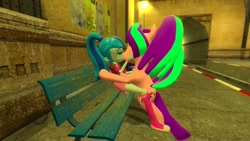 Size: 1360x768 | Tagged: safe, artist:mk513, character:aria blaze, character:sonata dusk, species:pony, ship:arisona, my little pony:equestria girls, 3d, bench, equestria girls ponified, female, gmod, interspecies, kissing, lesbian, ponified, shipping