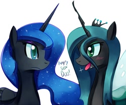 Size: 900x748 | Tagged: safe, artist:negativefox, character:nightmare moon, character:princess luna, character:queen chrysalis, species:alicorn, species:changeling, species:pony, ship:chrysmoon, changeling queen, eye contact, female, lesbian, looking at each other, mare, open mouth, profile, shipping, simple background, tsundere moon, white background