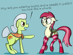 Size: 800x600 | Tagged: safe, artist:subjectnumber2394, character:granny smith, character:roseluck, species:earth pony, species:pony, clothing, dialogue, female, frown, granny bitch, mare, pointing, saddle, simple background, sock, socks, striped socks, vulgar