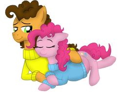 Size: 1024x777 | Tagged: safe, artist:crazynutbob, character:cheese sandwich, character:pinkie pie, ship:cheesepie, clothing, cuddling, female, male, preggy pie, pregnant, shipping, snuggling, straight, sweater