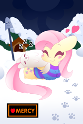 Size: 1280x1920 | Tagged: safe, artist:hungrysohma, character:fluttershy, species:dog, species:pegasus, species:pony, annoying dog, bottomless, clothing, crossover, cute, digital art, eyes closed, female, greater dog, heart, lying down, mare, outdoors, partial nudity, pink hair, pink mane, pink tail, shyabetes, sleeping, smiling, snow, striped sweater, sweater, sweatershy, tongue out, undertale, yellow coat, zzz