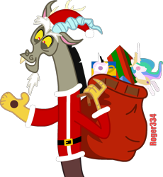 Size: 1523x1659 | Tagged: safe, artist:roger334, character:discord, character:princess celestia, ponyscape, bag, clothing, doll, female, happy, hearth's warming, inkscape, parody, present, santa claus, santa costume, simple background, solo, stuntmare, toy, transparent background, vector