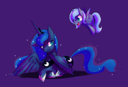 Size: 1469x1001 | Tagged: safe, artist:sharmie, character:princess luna, species:alicorn, species:pony, cute, ethereal mane, featured on derpibooru, filly, flying, galaxy mane, happy, lunabetes, open mouth, ponidox, prone, self ponidox, simple background, smiling, spread wings, the fun has been doubled, wings, woona