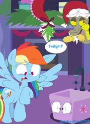 Size: 2825x3907 | Tagged: safe, artist:rainbowyoshi305, character:discord, character:rainbow dash, character:twilight sparkle, ship:twidash, christmas, clothing, comedy, discord being discord, female, hat, holiday, implied shipping, inanimate tf, kitchen sink, lesbian, lesbian in front of boys, male, mistletoe, objectification, rainbowsink, santa hat, shipping, story in the source, transformation, twitem, wide eyes
