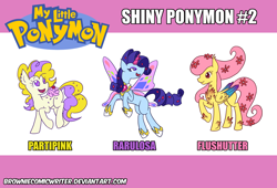 Size: 1024x695 | Tagged: safe, artist:greenlinzerd, character:fluttershy, character:pinkie pie, character:posey, character:rarity, character:sparkler (g1), character:surprise, species:pony, g1, colored wings, crossover, female, fire ruby, flower, flower in hair, g1 to g4, generation leap, gossamer wings, mare, my little ponymon, pokémon, ponymon, recolor, shiny pokémon, trio